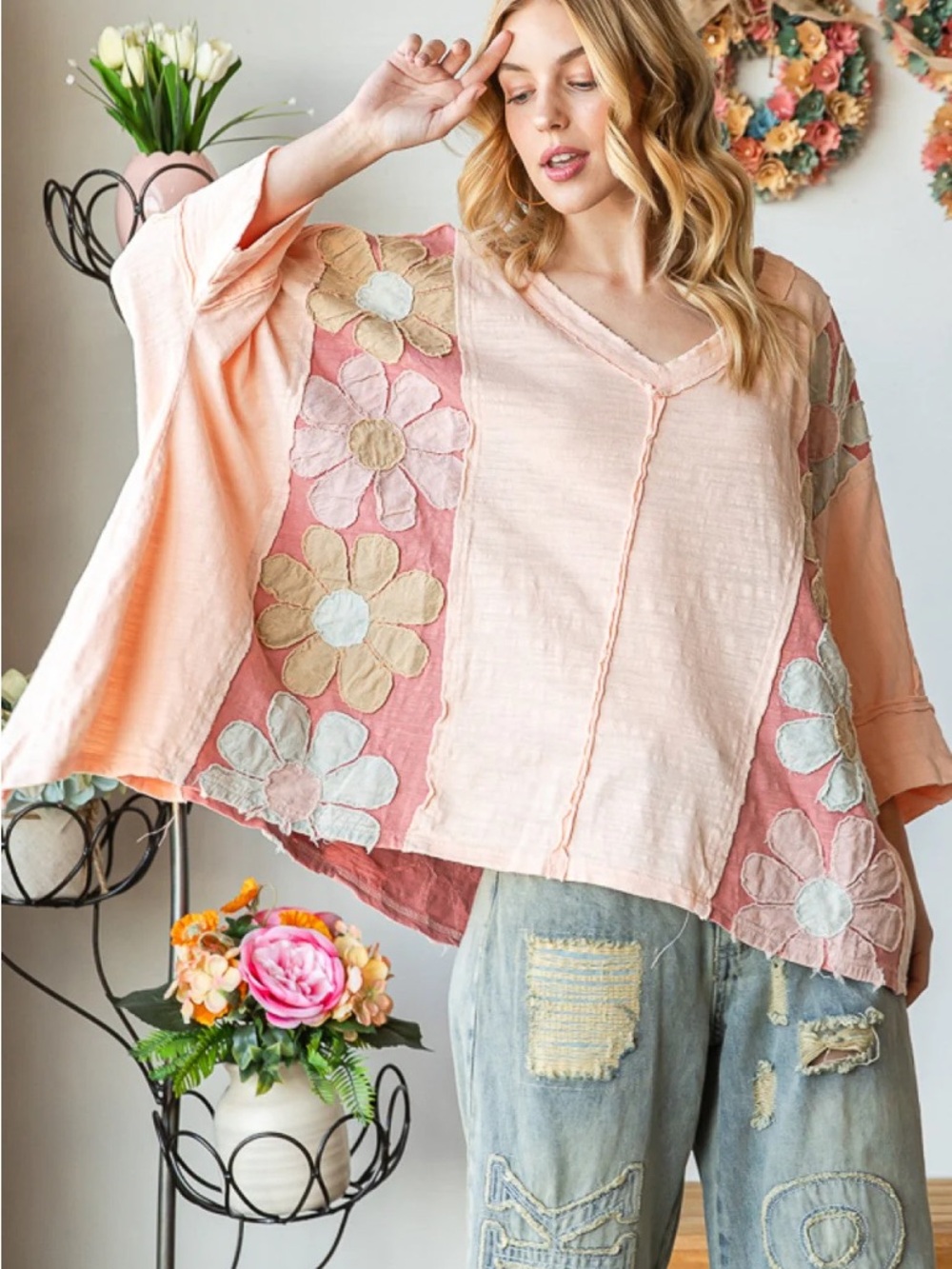 Oli & Hali Washed Daisy Patch Oversized Top - Pink - Oli & Hali